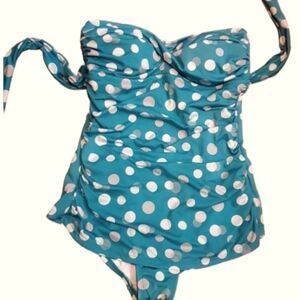 NWOT Jantzen 1 Pc Turquoise Polka Dot Swimsuit sz 10 w/skirt & opt Halter Strap